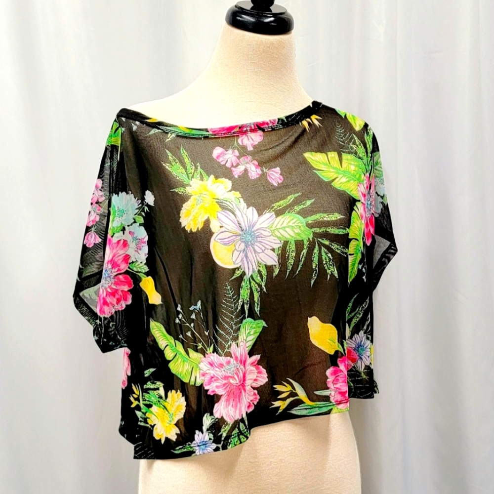 NWT tropical print Hawaiian vacation summer mesh active crop top